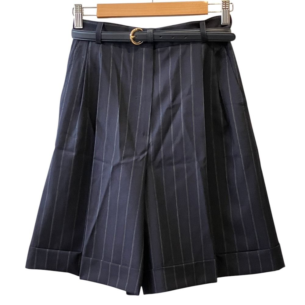 未使用 26SS Max Mara STUDIOマックスマーラ ストゥーディオ MSTERE ベルト付きストライプハーフパンツ 26161410116 サイズ36 ネイビー レディース 古着 中古 USED