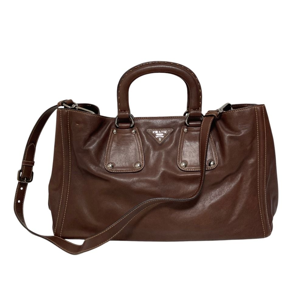 良品 PRADA プラダ トライアングルプレート レザー ミニボストンバッグ ショルダーバッグ BN1889 ブラウン レディース 古着 中古 USED