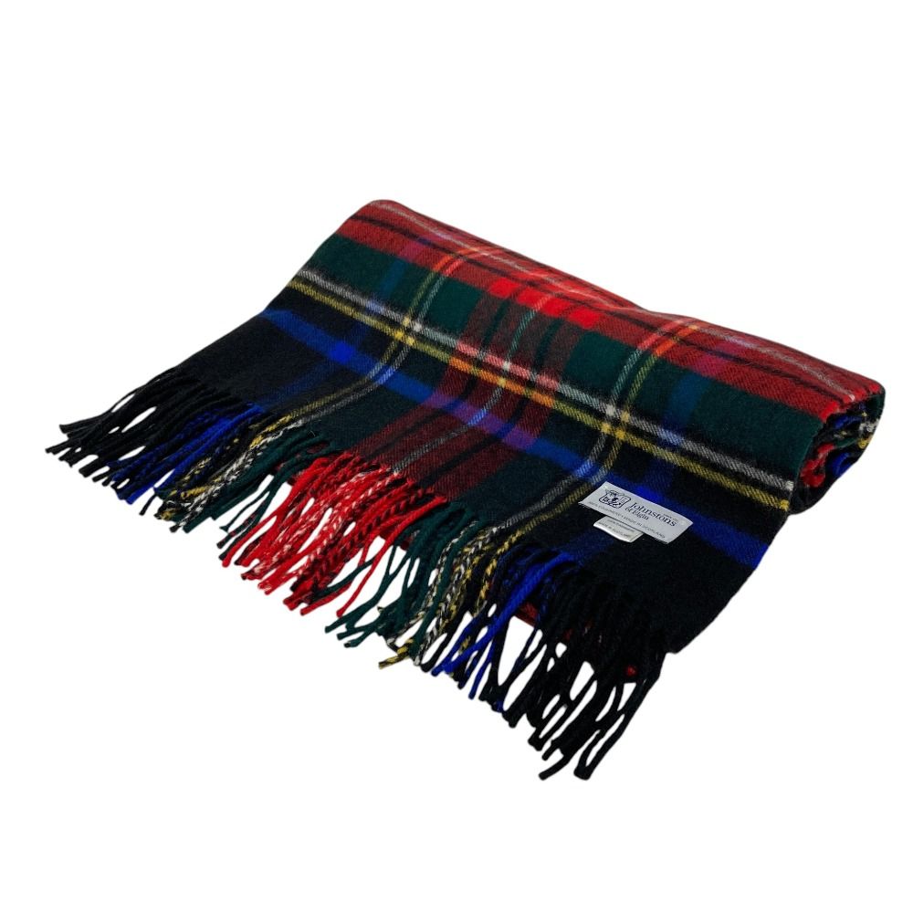 美品 Johnstons of Elgin ジョンストンズオブエルガン カシミヤ チェック 大判マフラー ストール ブラック レッド マルチカラー メンズ レディース 古着 中古 USED