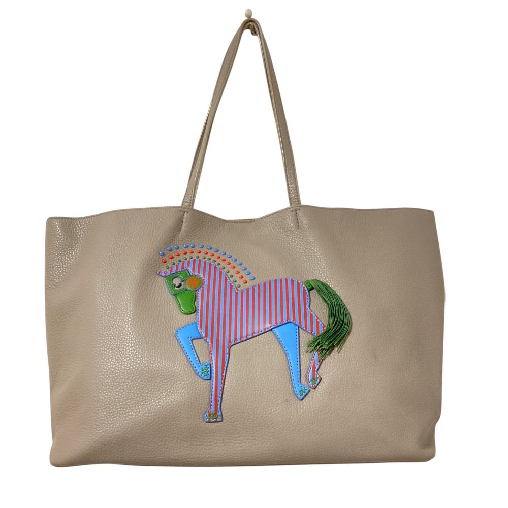 良品 TORY BURCH トリーバーチ レザー ホース トートバッグ グレー レディース 古着 中古 USED