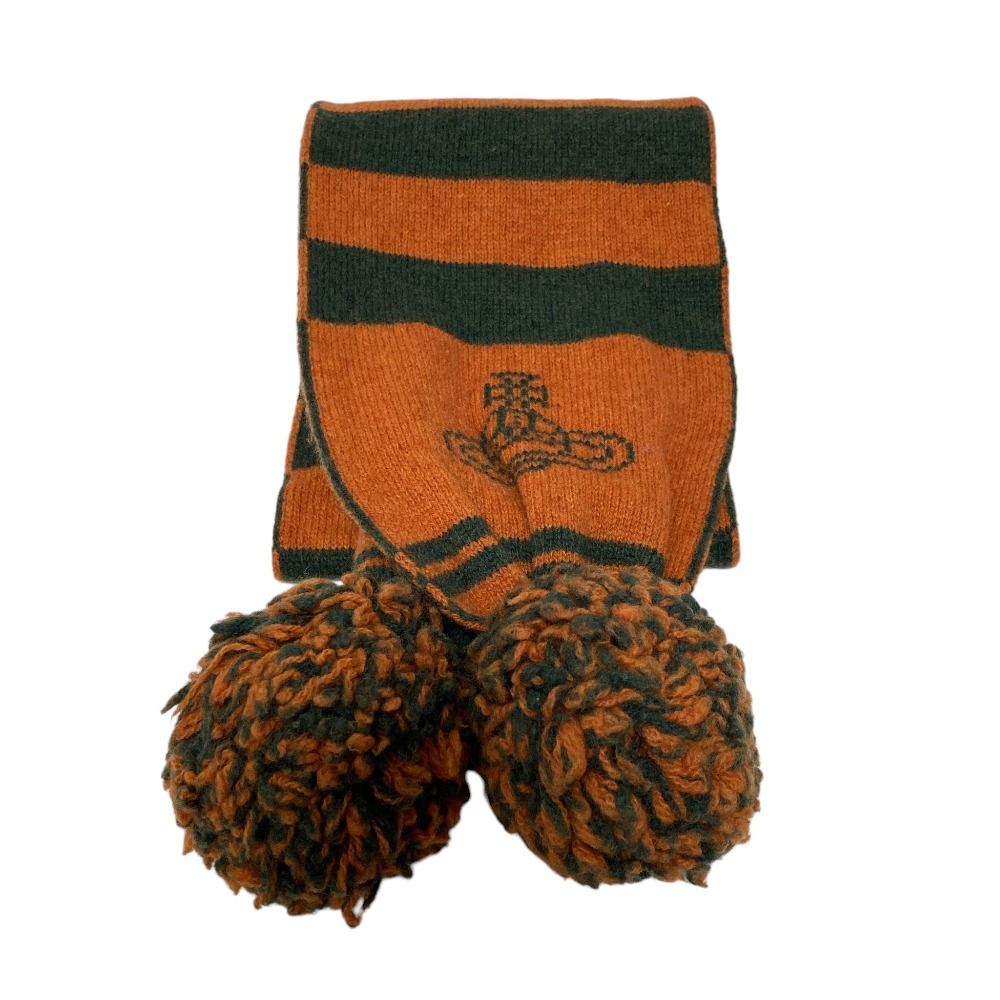 美品 Vivienne Westwood ヴィヴィアンウエストウッド ボーダー ボンボン付きマフラー オレンジ カーキ メンズ レディース 古着 中古 USED