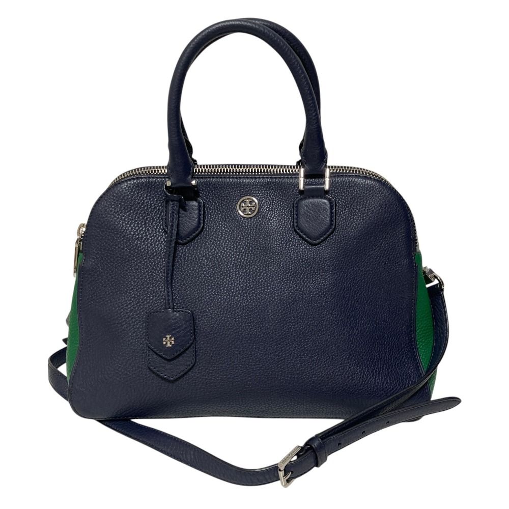 美品 TORY BURCH トリーバーチ 2WAY バイカラー シボレザー ショルダーバッグ ネイビー グリーン レディース 古着 中古 USED