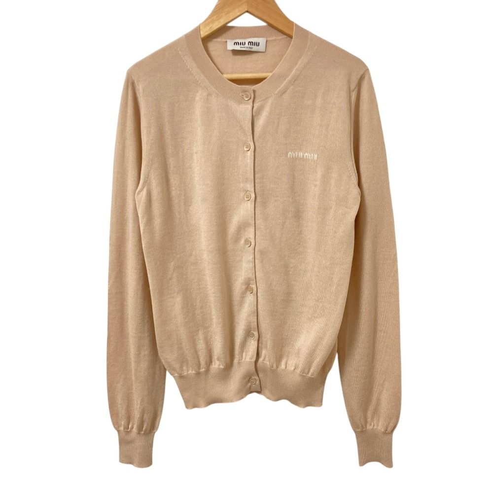 良品 24AW miu miu ミュウミュウ インターシャロゴ カシミヤシルク ニットカーディガン MMF878 サイズ38 ピンクベージュ レディース 古着 中古 USED