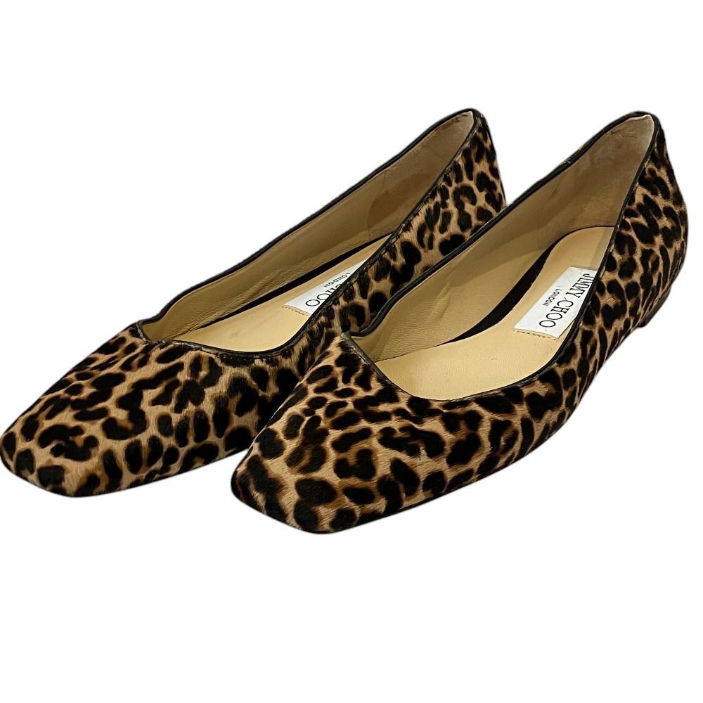 良品 JIMMY CHOO ジミーチュウ レオパード柄ハラコレザー スクエアトゥフラットパンプス サイズ35 22cm程度 ベージュ系 レディース 古着 中古 USED