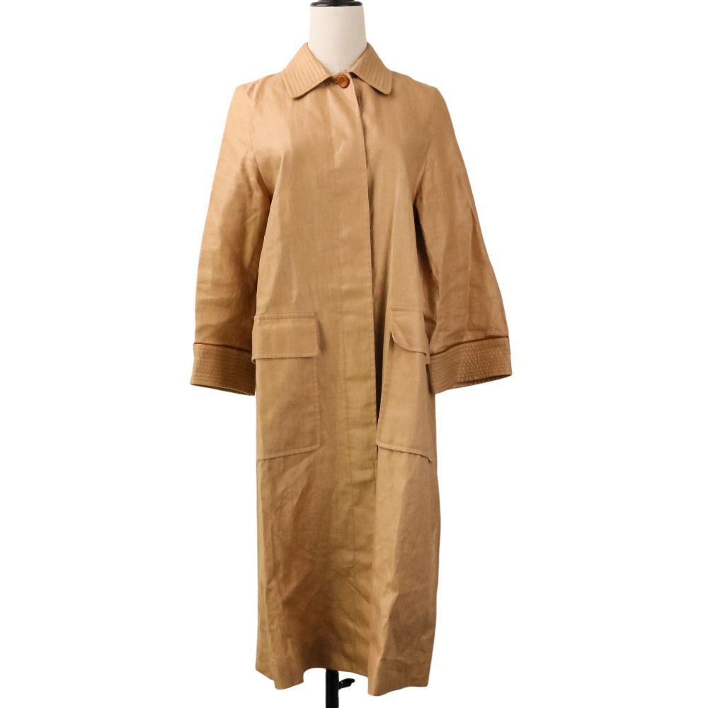 美品 Loro Piana ロロピアーナ レザーパイピング リネンステンカラーコート FAM7412 サイズ36 ベージュ レディース 古着 中古 USED
