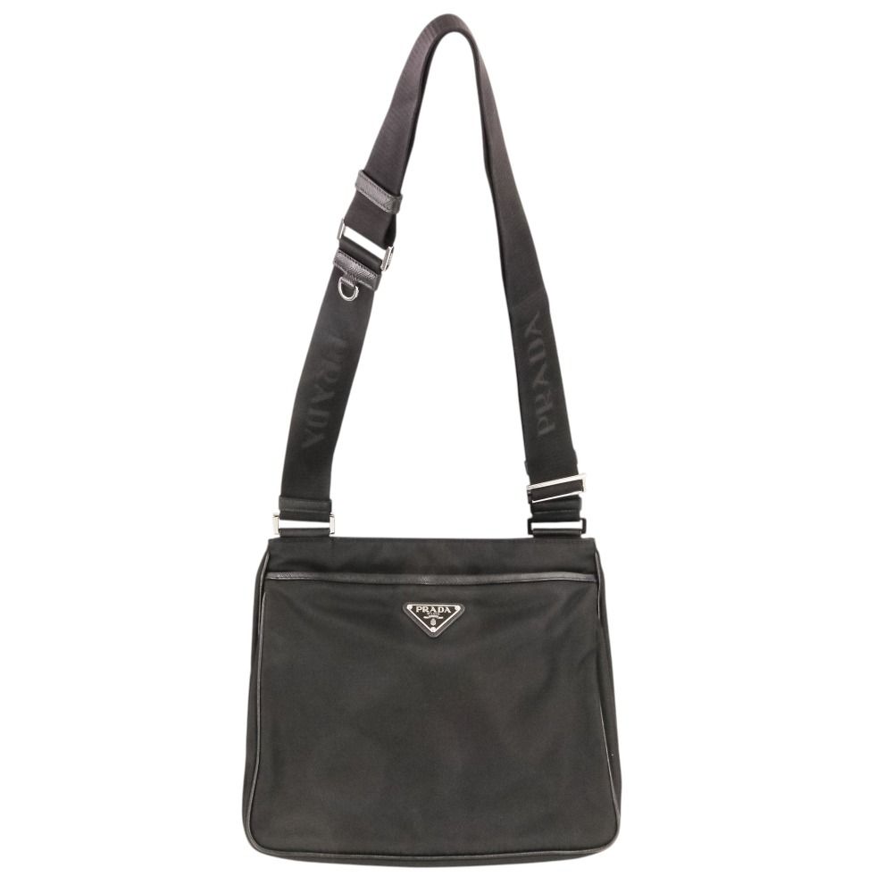 美品 PRADA プラダ Re-Nylon サフィアーノレザー トライアングルロゴプレート ショルダーバッグ 2VH118 ブラック メンズ レディース 古着 中古 USED
