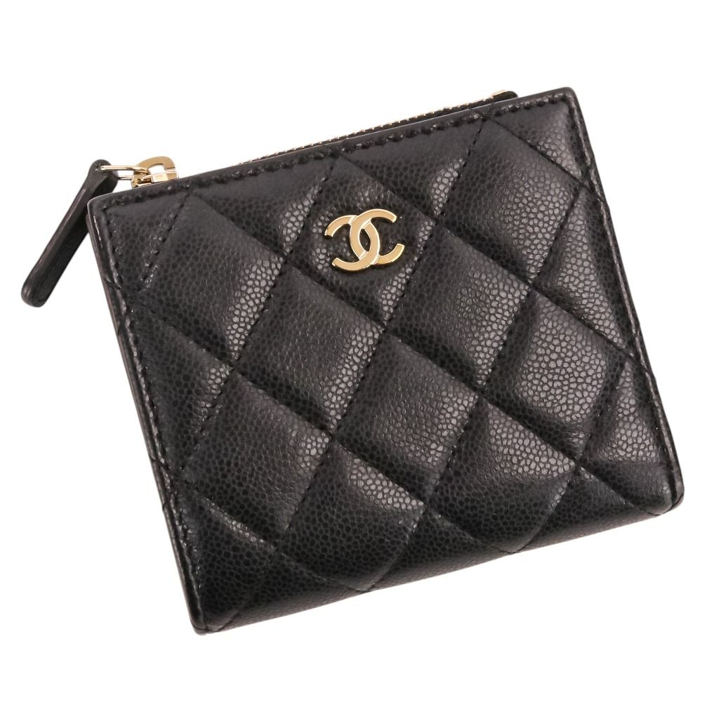 美品 CHANEL シャネル キャビアスキン マトラッセ ココマーク コンパクトウォレット 二つ折り財布 ブラック レディース 古着 中古 USED