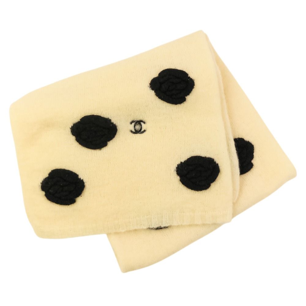 美品 CHANEL シャネル カメリアモチーフ モヘア カシミヤブレンド ターンロック ココマーク マフラー ストール P39233 アイボリー レディース 古着 中古 USED