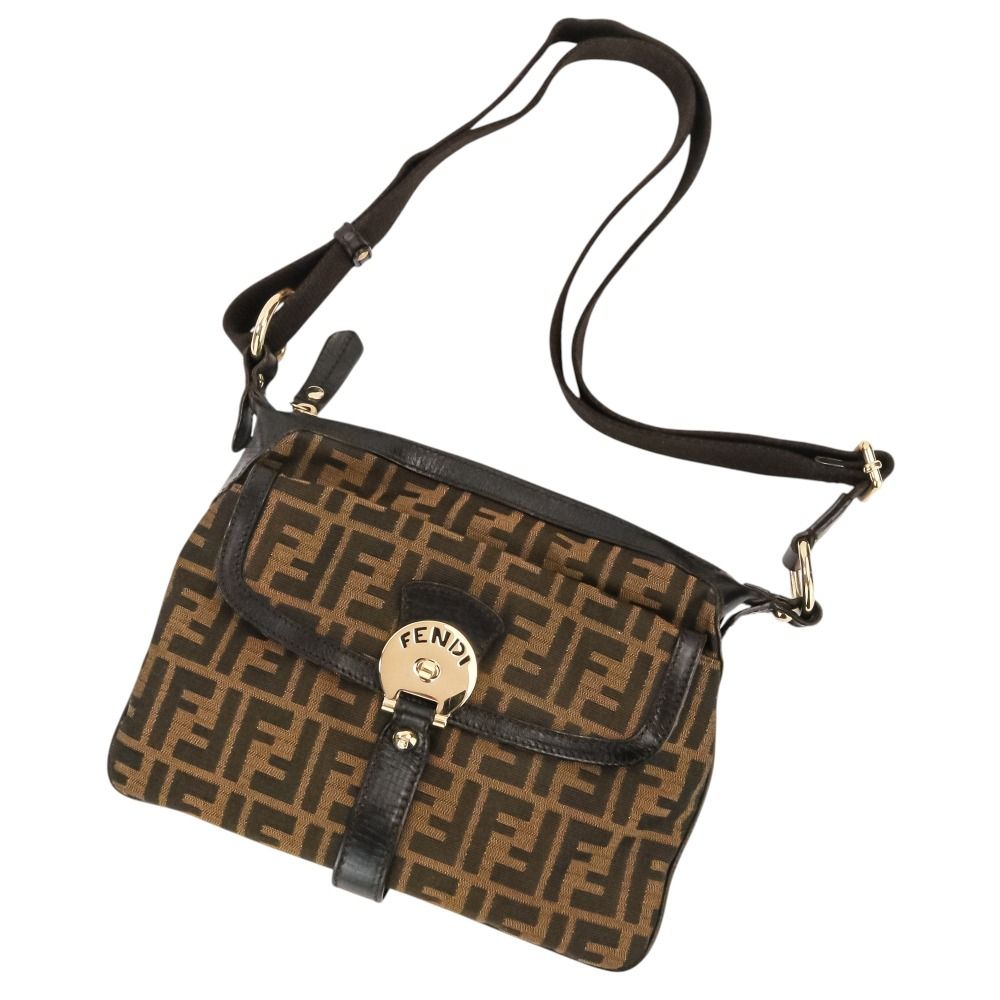 良品 FENDI フェンディ ズッカ柄 キャンバス ショルダーバッグ ブラウン レディース 古着 中古 USED
