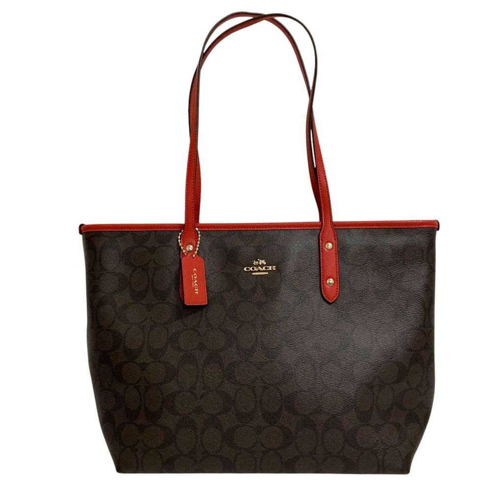 美品 COACH コーチ シグネチャーキャンバス PVC トートバッグ ブラウン×レッド レディース 古着 中古 USED