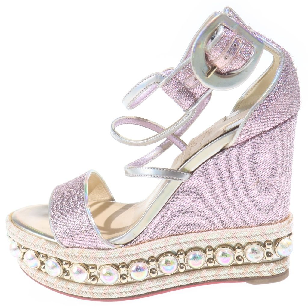 CHRISTIAN LOUBOUTIN (クリスチャンルブタン) グリッター ウェッジソール パールサンダル ヒール ラメ フェイクパール シルバー ピンク レディース