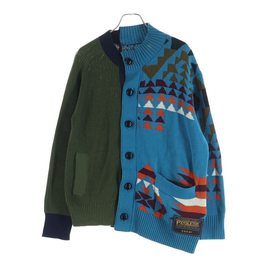 Sacai (サカイ) 19SS ×PENDLETON ペンドルトン ドッキング アシンメトリー カーディガン 19-01886M ブルー/グリーン