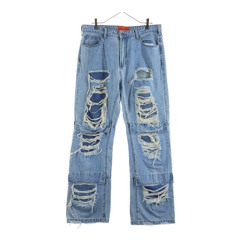NO BRAND (ノーブランド) WHO DESIDES WAR フーディサイズウォー ダメージ加工 ジップフライデニムパンツ インディゴ