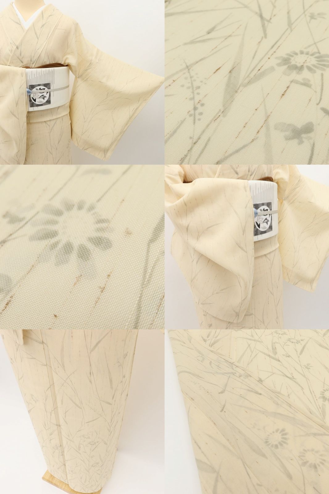 ゆめsaku 新品 夏着物 正絹 仕付け糸付 手縫い仕立て 夏結城紬 P-91 百華❀Y5117◇新品 仕付け糸付 夏着物 紗 菊 笹 正絹 手縫い仕立て 紗
