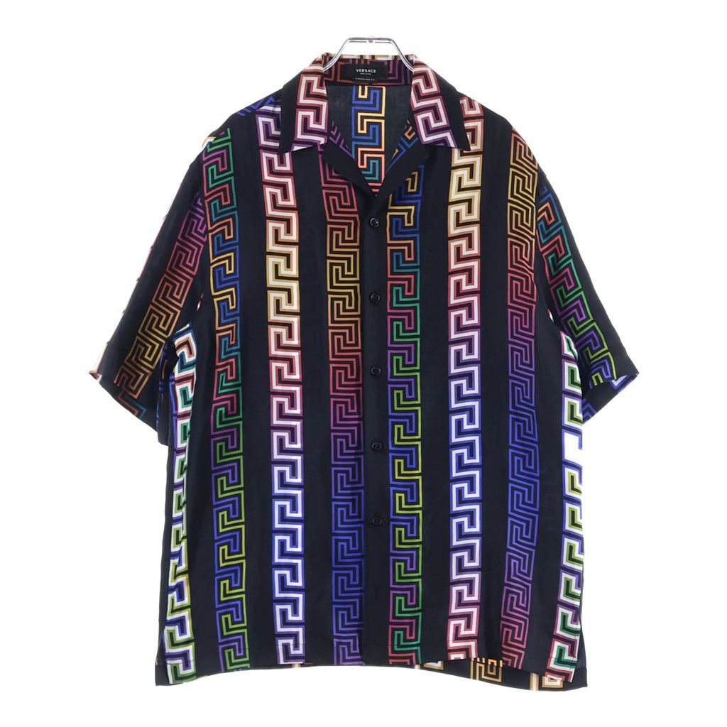 VERSACE (ヴェルサーチ) Greca Neon Silk Shirt グレカネオン シルク 半袖シャツ 総柄 ブラック A85919