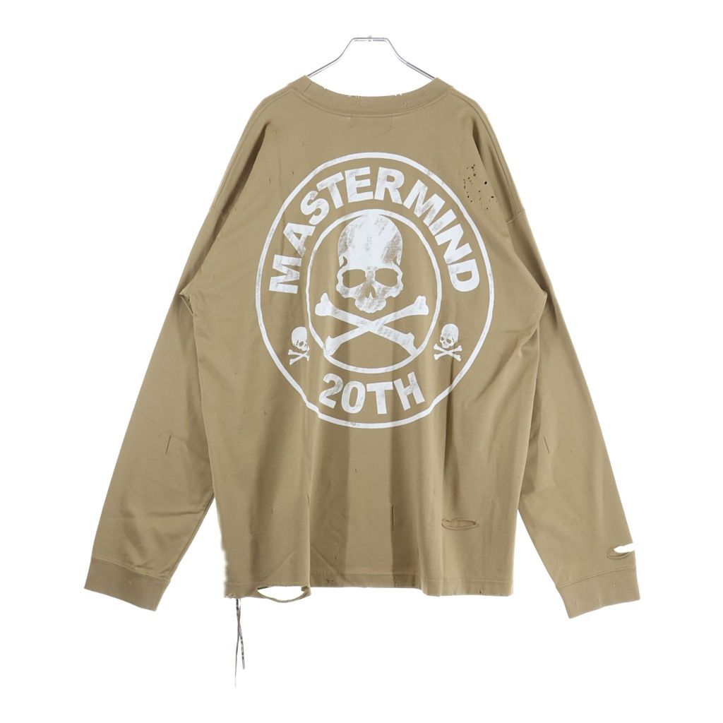 mastermind JAPAN (マスターマインドジャパン) ダメージ加工 ロゴプリント クルーネック長袖Tシャツ カットソー ベージュ MJ17P01-TS