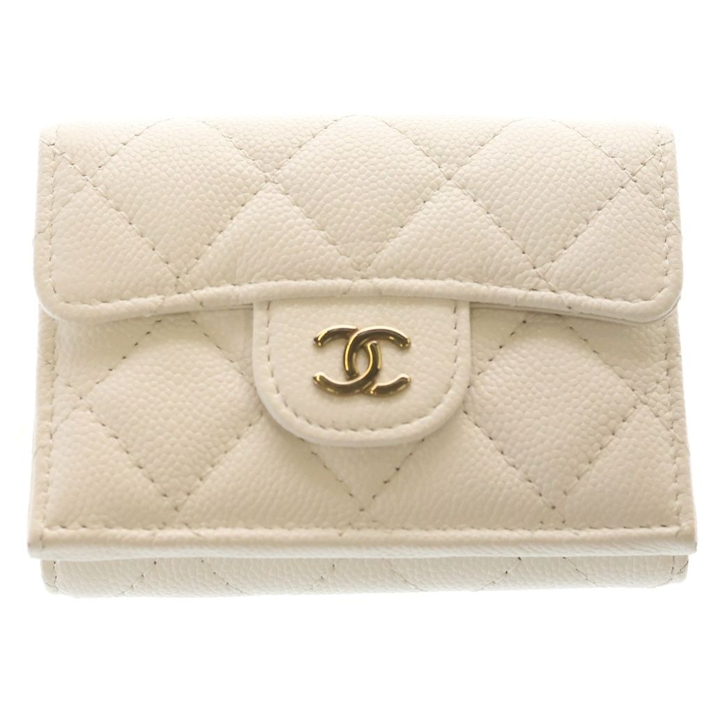 CHANEL (シャネル) マトラッセ キャビアスキン ゴールド金具 三つ折り財布 コンパクトウォレット ホワイト