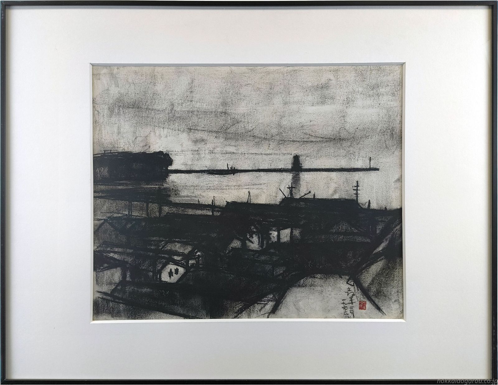 森本三郎 「小樽港」 コンテ画 絵画