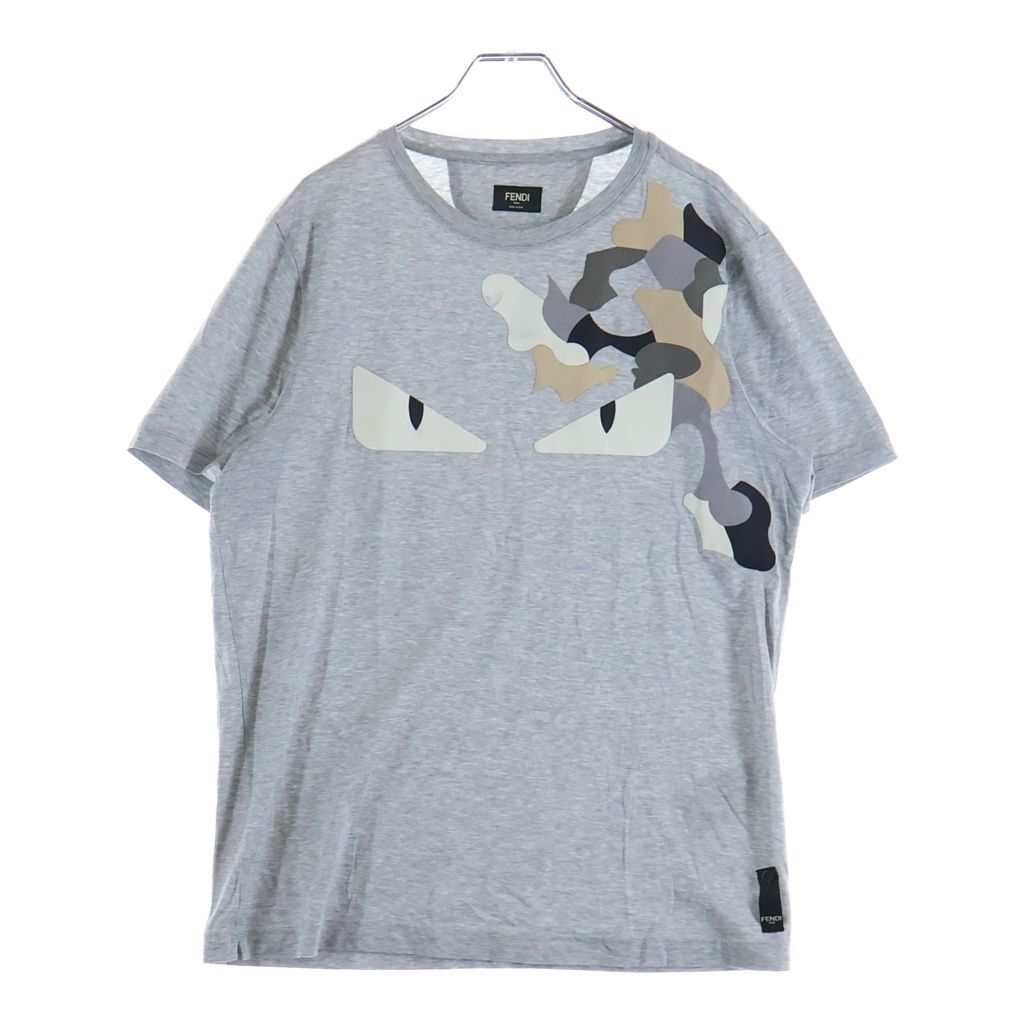 FENDI (フェンディ) Monster Eyes モンスター アイズ レザーパッチ 半袖Tシャツ カットソー グレー FY0626 44K