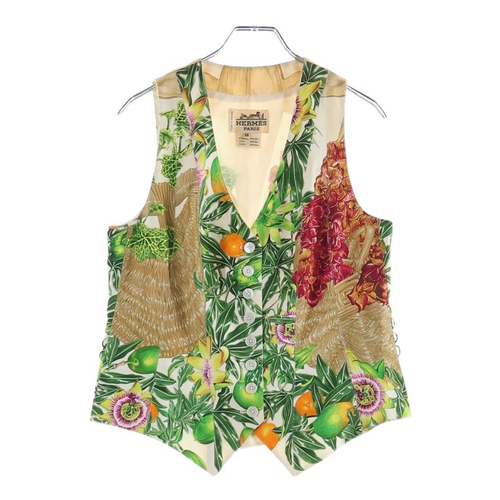 HERMES (エルメス) 80s archive Silk Vest シルクベスト フランス製 初期タグ 多ボタン 総柄 マルチカラー レディース