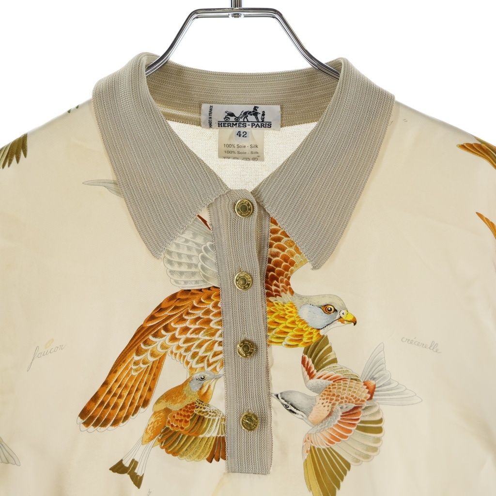 美品　HERMES スカーフ柄　シルク　長袖　ポロシャツ　総柄　S レディース HERMES (エルメス) セリエボタン シルクスカーフ 長袖ポロシャツ