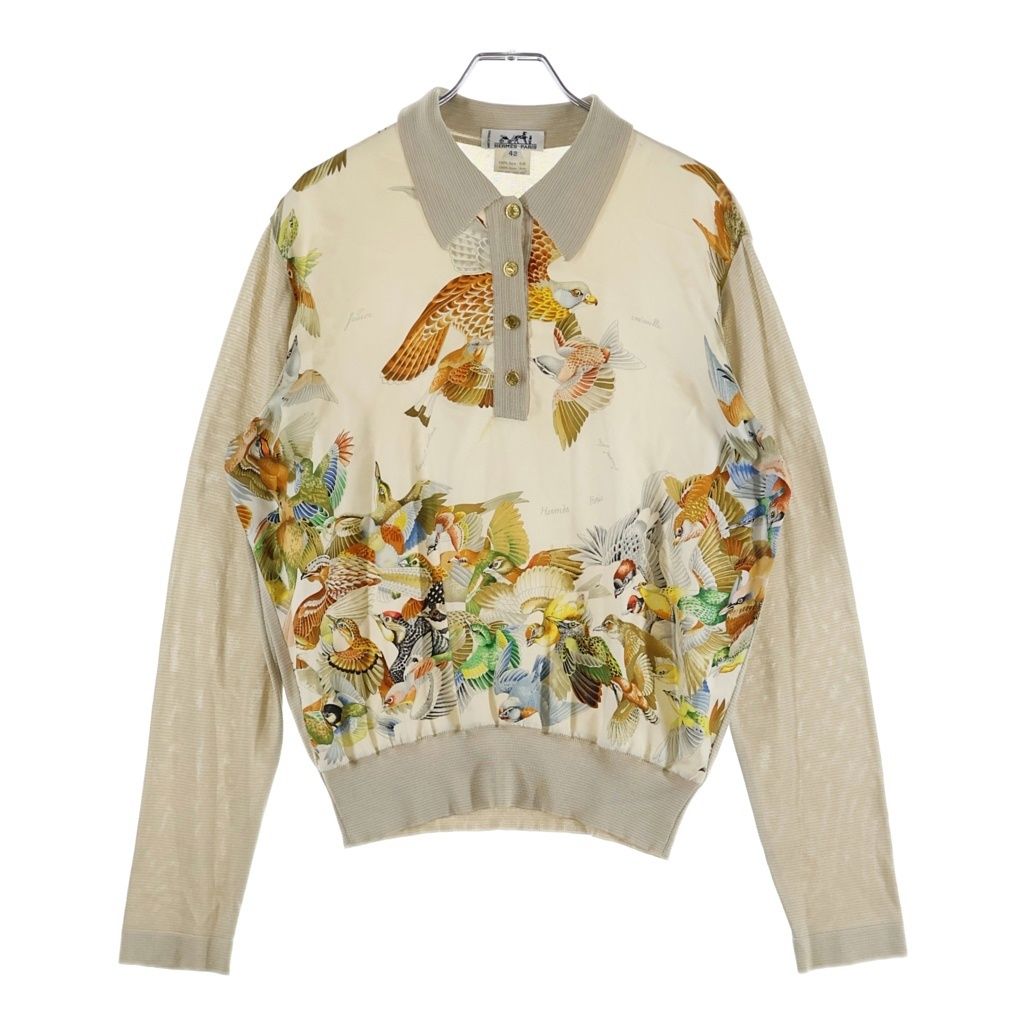 美品　HERMES スカーフ柄　シルク　長袖　ポロシャツ　総柄　S レディース HERMES (エルメス) セリエボタン シルクスカーフ 長袖ポロシャツ