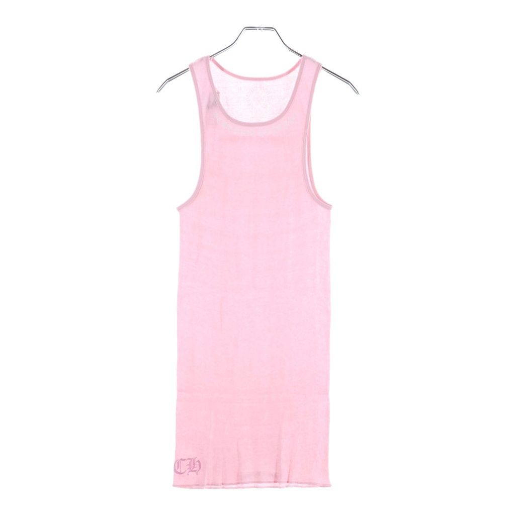 CHROME HEARTS (クロムハーツ) RIB TANK ネックロゴプリント ロングタンクトップ ピンク/ホワイト