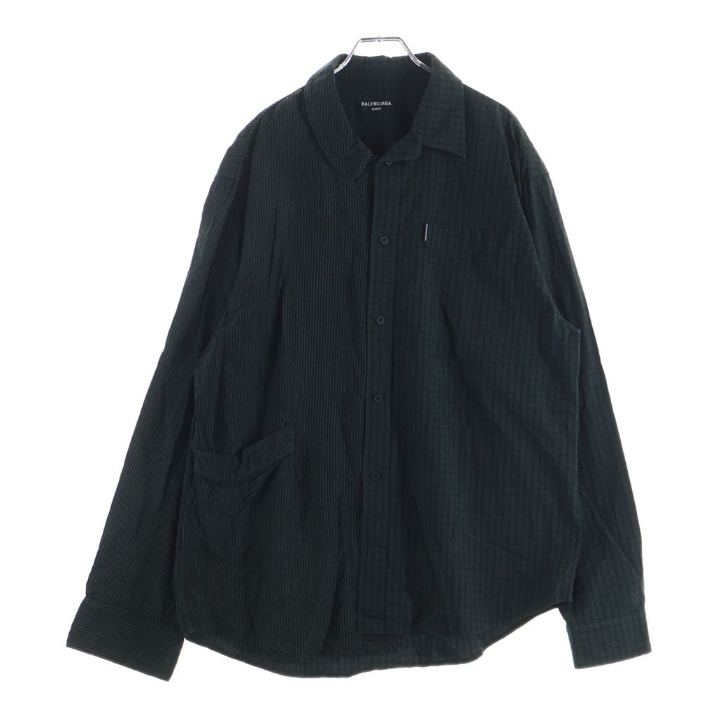 BALENCIAGA (バレンシアガ) 21SS 50/50 Pyjama Shirt アシンメトリー ドッキング チェック 長袖パジャマシャツ グリーン 658854 TKO07