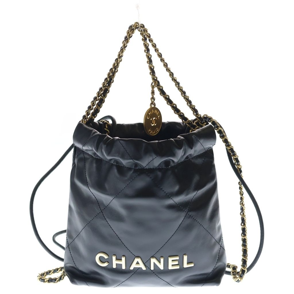 CHANEL (シャネル) シャネル22 ミニ カーフスキン ゴールド金具 チェーン ショルダーバッグ ブラック プレート