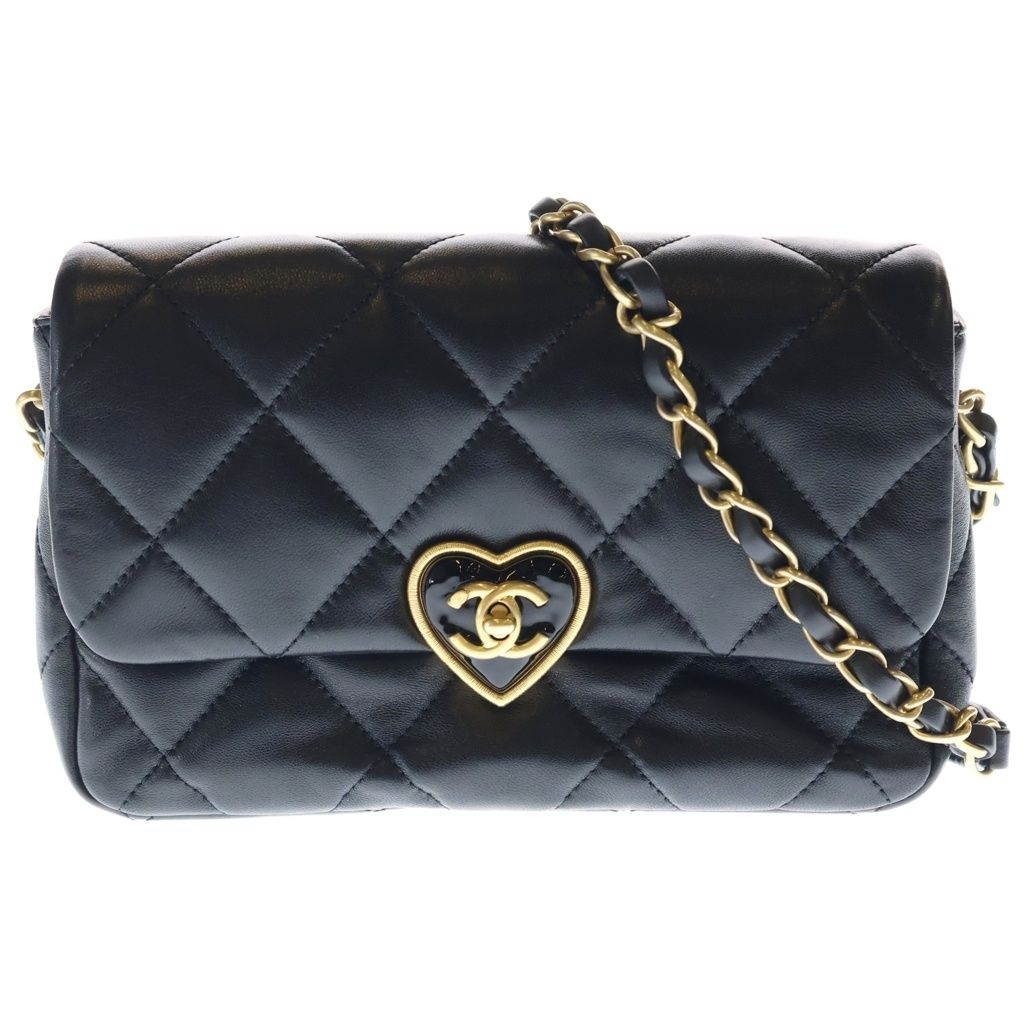CHANEL (シャネル) マトラッセ ハートロック チェーンショルダーバッグ ラムスキン ゴールド金具 ブラック プレート AS3979