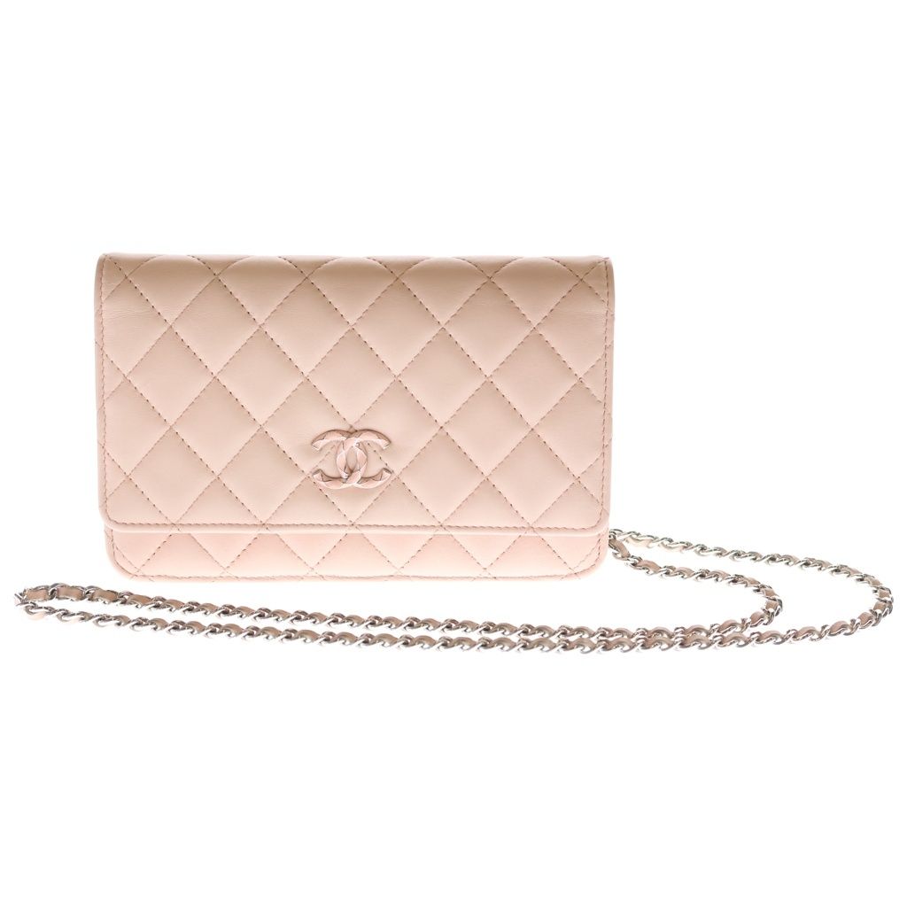 CHANEL (シャネル) マトラッセ カメリア ラムスキン シルバー金具 チェーンウォレット チェーンショルダーバック ピンク プレート