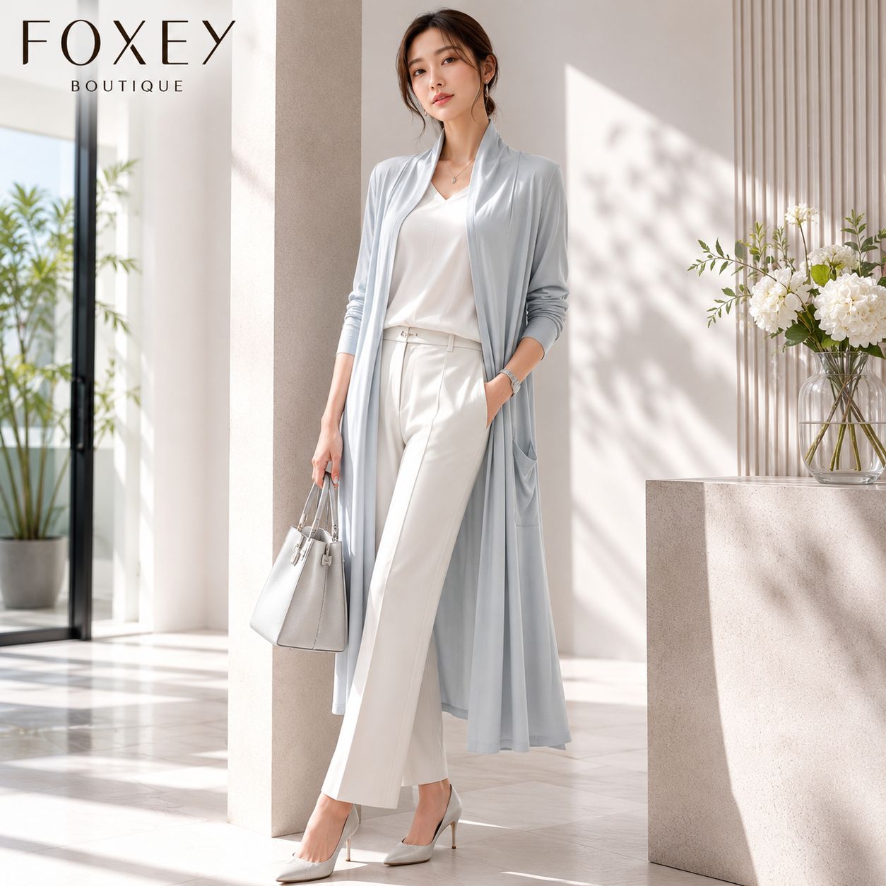 希少【極美品 / 透明感カラーの人気アイテム】FOXEY BOUTIQUE 42193 / フォクシーブティック ロングカーディガン ボイルバニラ アイスブルー F (フリーサイズ）　ライトアウター 冷房対策 日差し除け 通年着用