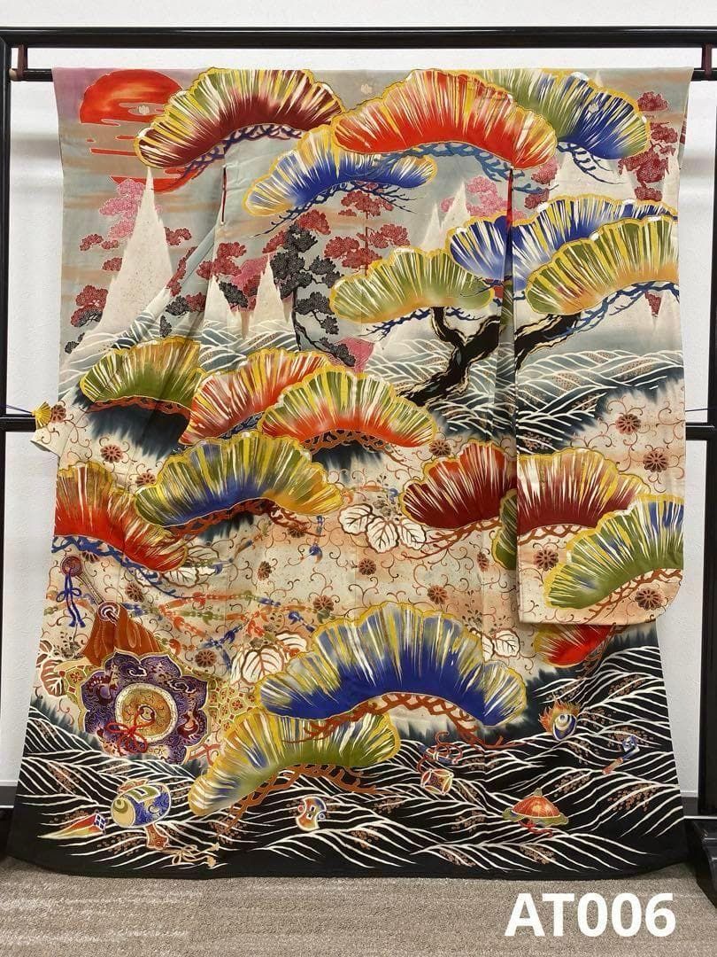 アンティーク 振袖 金駒 金彩 刺繍 正絹 身丈161cm 紋付 AT006