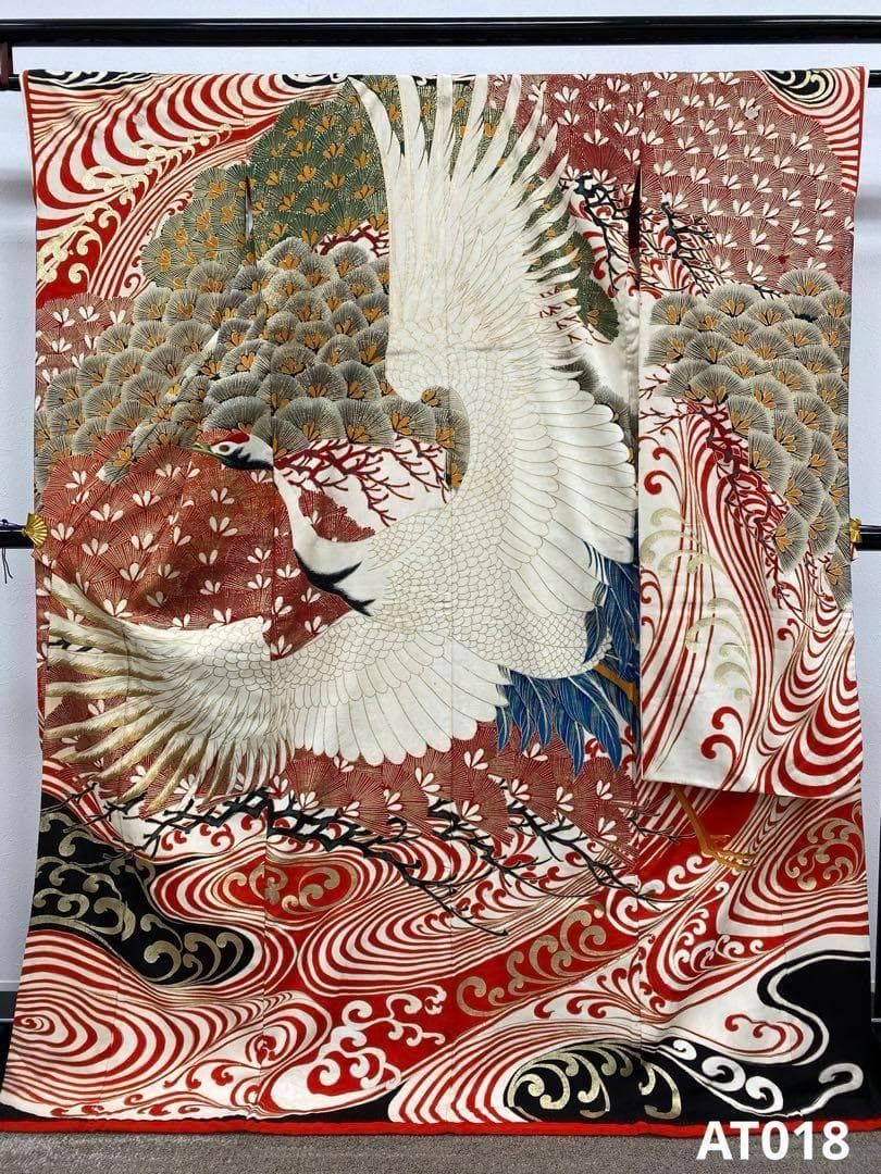 アンティーク 振袖 金彩 相良刺繍 金刺繍 鶴 正絹 身丈169cm 紋付