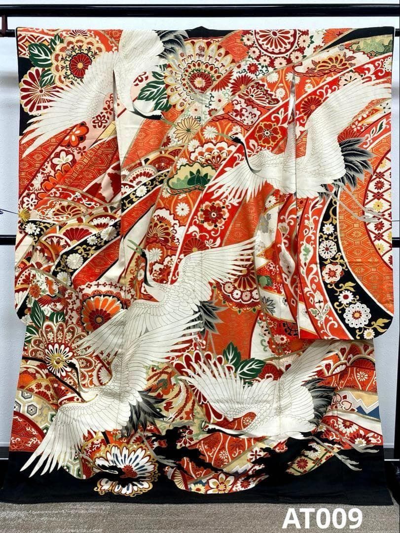 アンティーク 振袖 金駒 金彩 鶴 正絹 身丈168cm 紋付 AT009