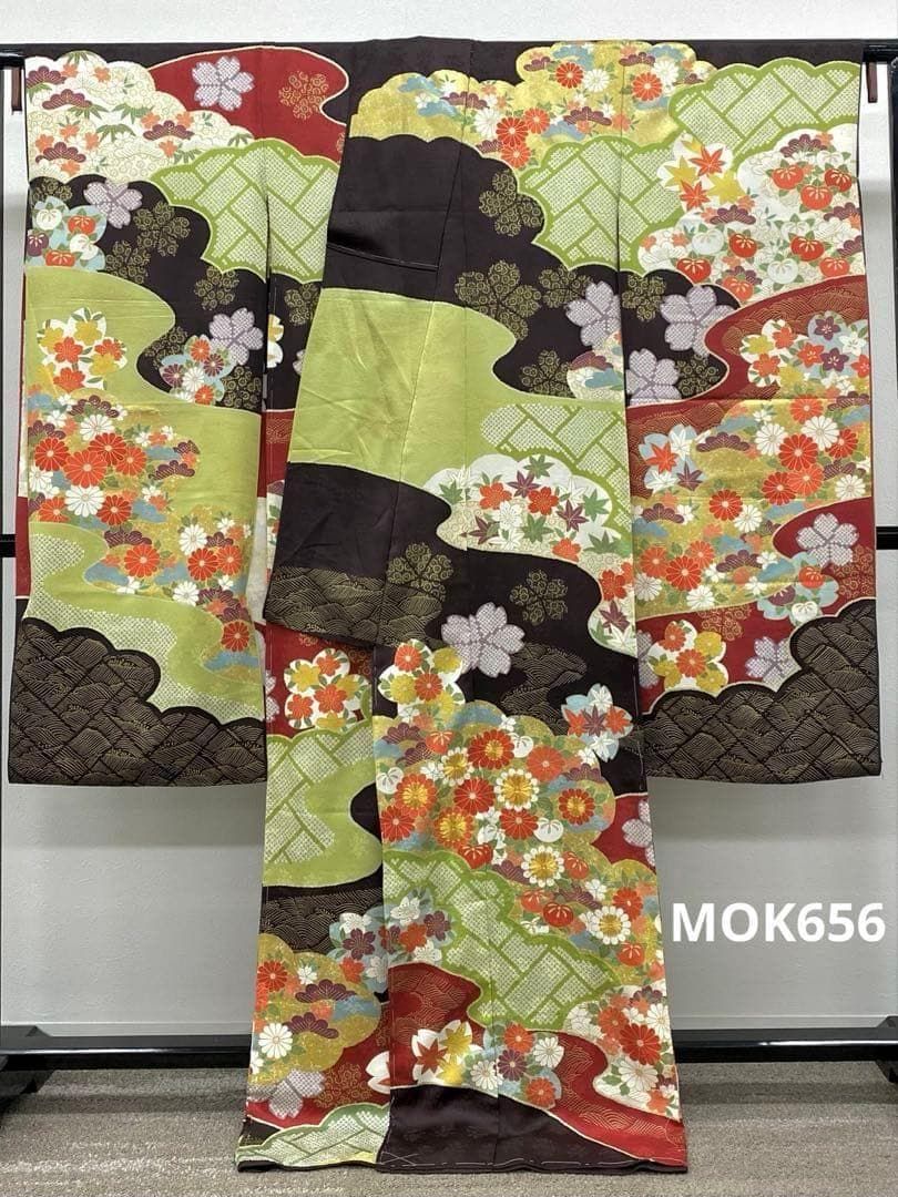 振袖 仮絵羽 青柳 金駒 金彩 紋意匠 正絹 未仕立て品 八掛付き MOK656