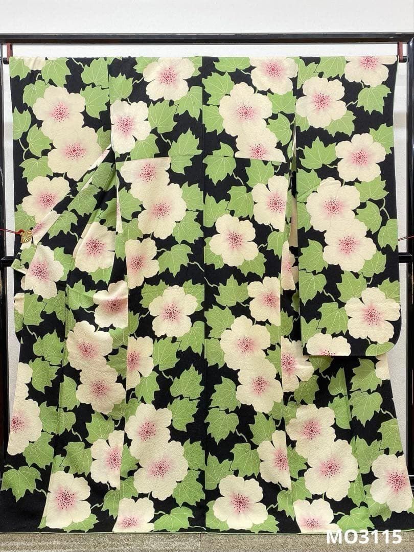 小紋振袖 紫織庵 手描き 銀通し 芙蓉の花尽くし 身丈167cm MO3115 