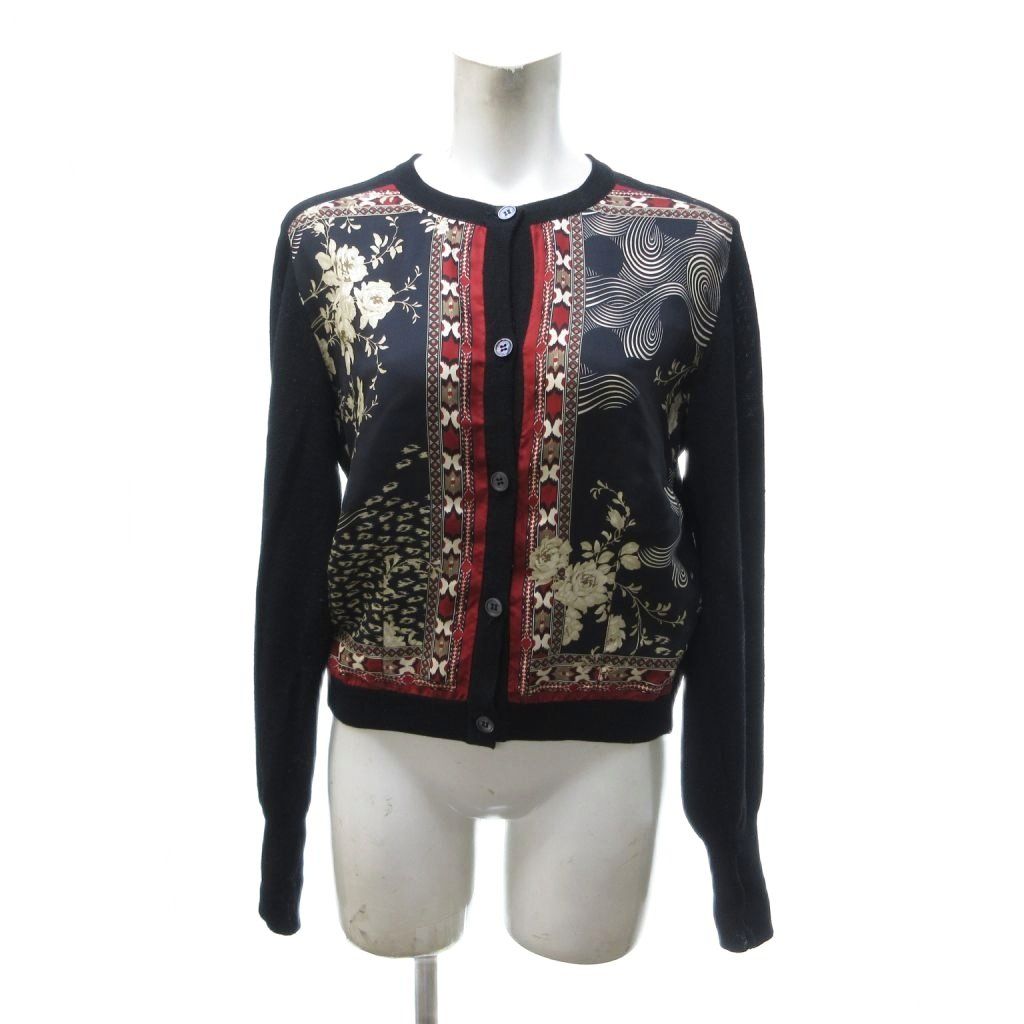 エトロ ETRO カーディガン 花柄 シルク切り替え ウール 黒 ブラック 44