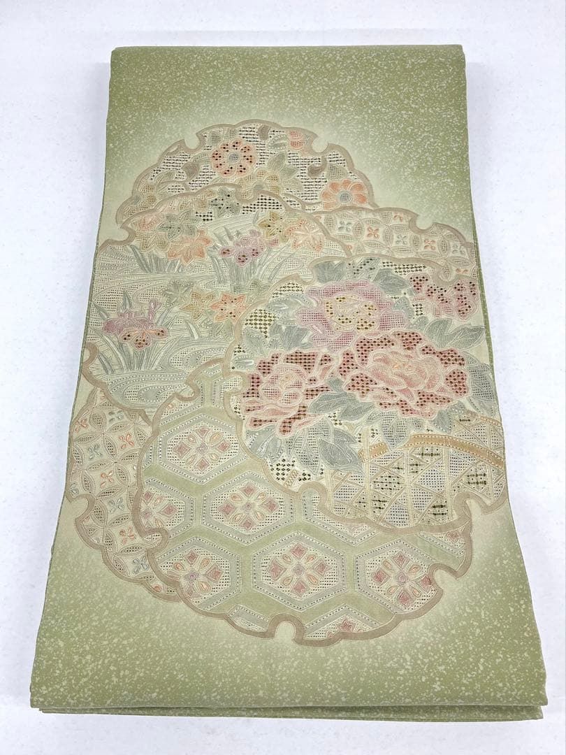 蘇州刺繍 汕頭刺繍 袋帯 雪輪 唐花 正絹 ロングサイズ HOT144