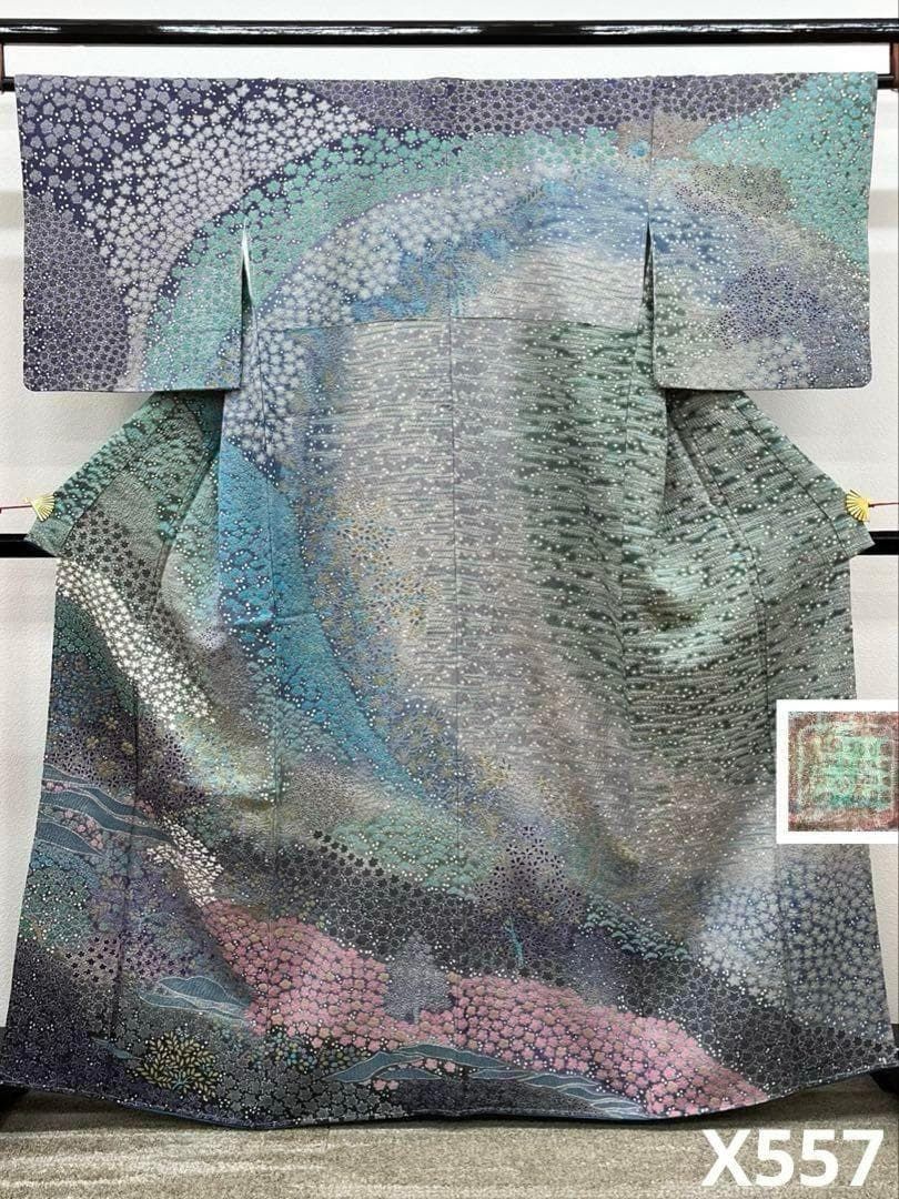 滝泰謹製 落款入 訪問着 おぼろ染 絞り 銀通し 刺繍 正絹 躾糸付き X557