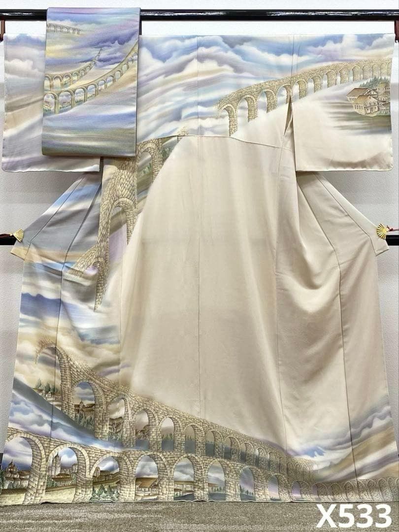 訪問着 袋帯 2点セット 古代ローマ水道 やまと扱い 正絹 躾糸付き X533