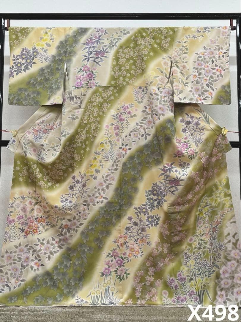 訪問着 総柄 四季草花 葡萄 椿 桜 撫子 正絹 躾糸付き X498