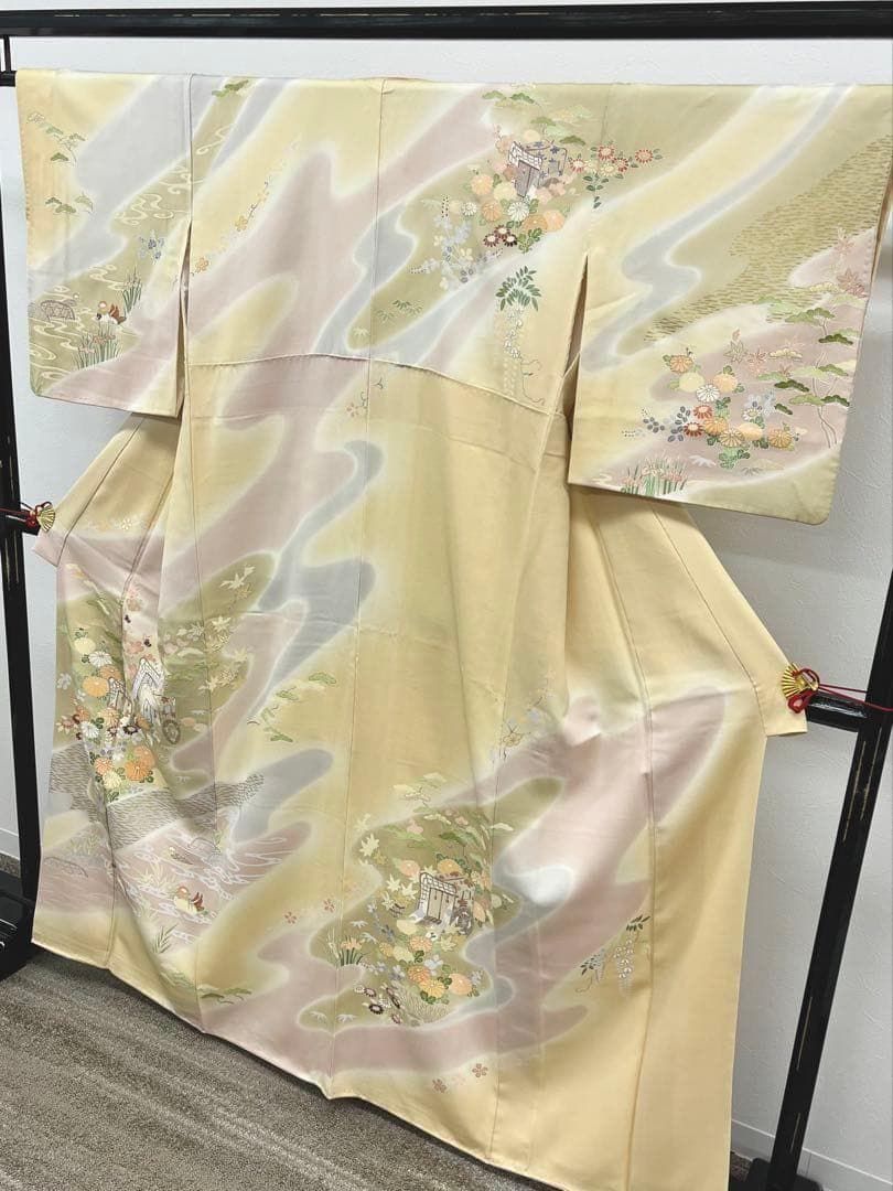 千總謹製 京友禅 訪問着 金駒 金彩 紋意匠 源氏車 鴛鴦 正絹 X417