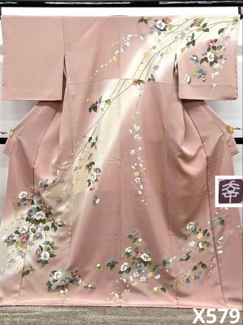 手描き友禅 作家物 訪問着 落款入 ちりめん 正絹 躾糸付き X579