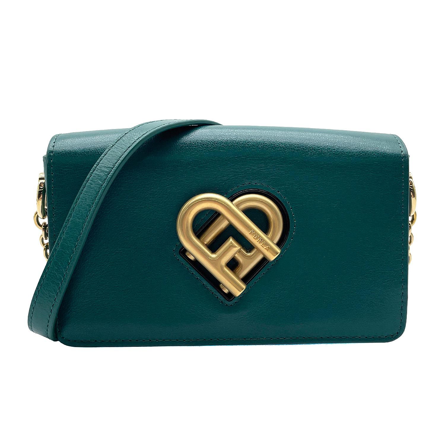 Furla フルラ マイジョイ ミニ チェーン ショルダーバッグ ハート ターンロック WB00705 レザー グリーン レディース 【中古】