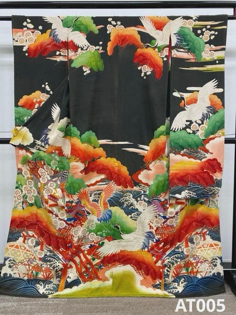 アンティーク 振袖 金駒 金彩 鶴 正絹 身丈164cm 紋付 AT005