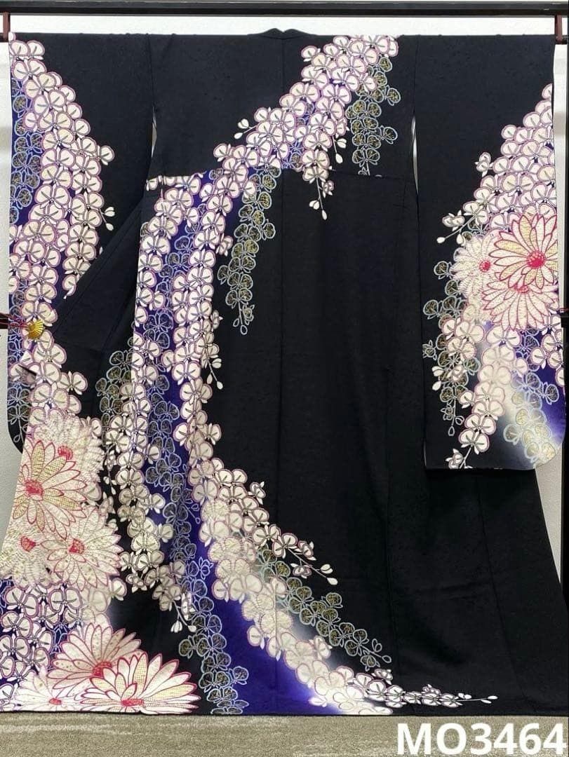 振袖 銀通し 金彩 絞り 胡蝶蘭 身丈169cm 撥水加工済 黒地 MO3464