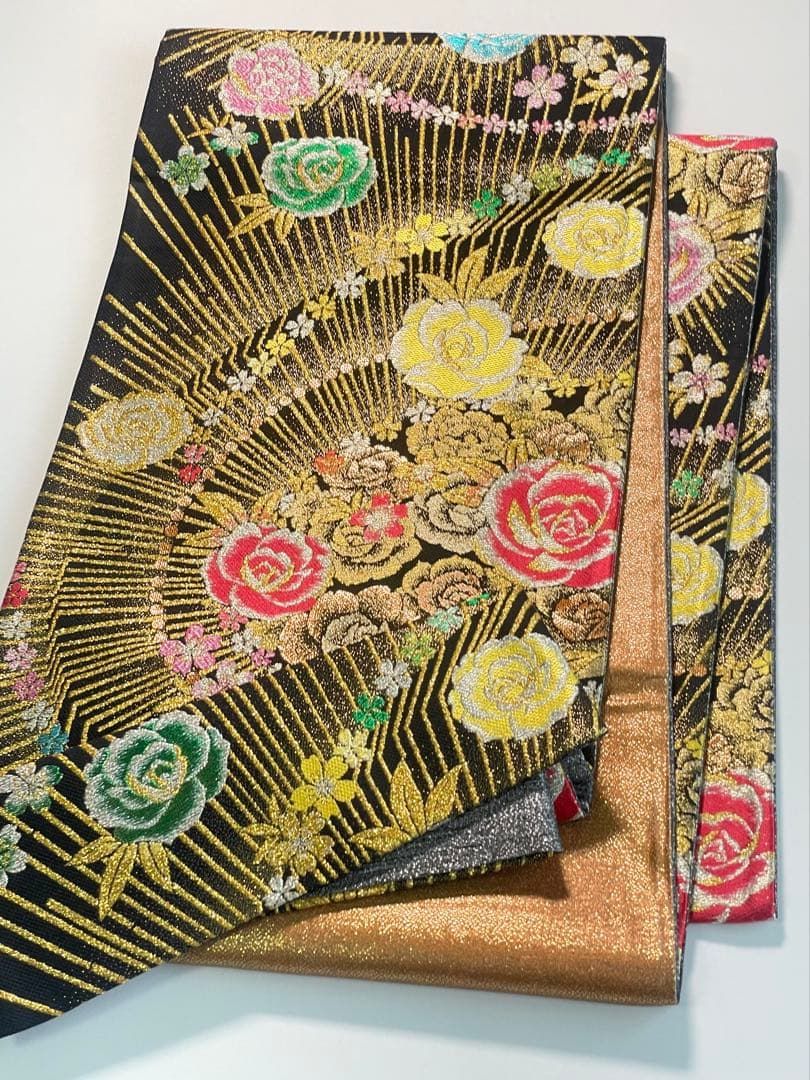 袋帯 正絹 振袖 薔薇 金糸 銀糸 ロングサイズ F1606