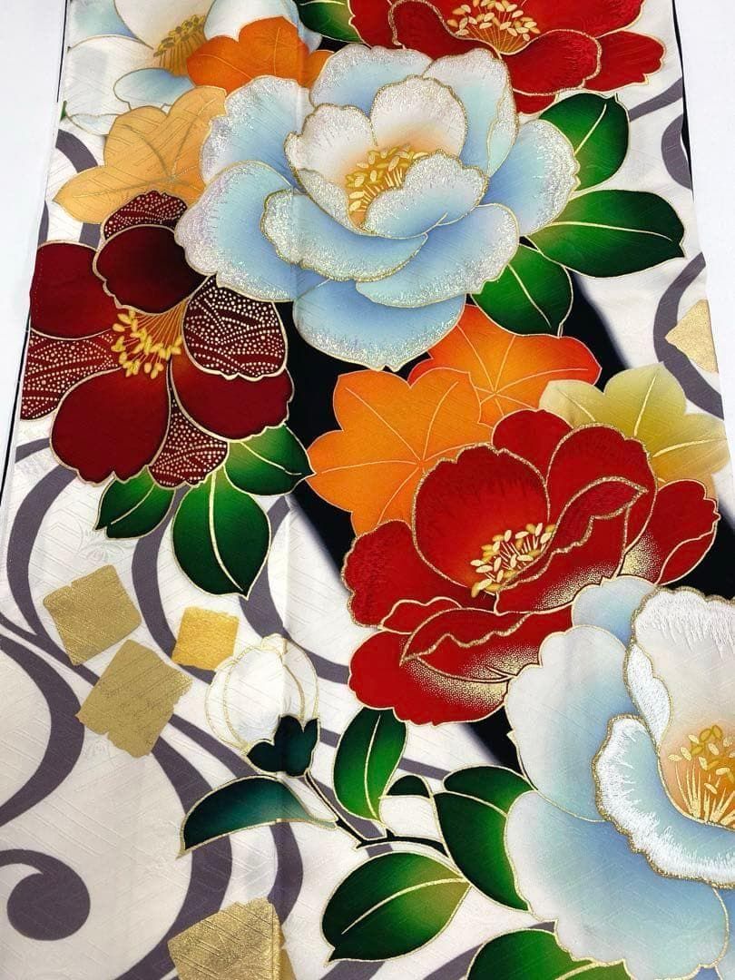 振袖 金彩 ラメ刺繍 椿 紋意匠 身丈169cm パールトーン加工 MO3027