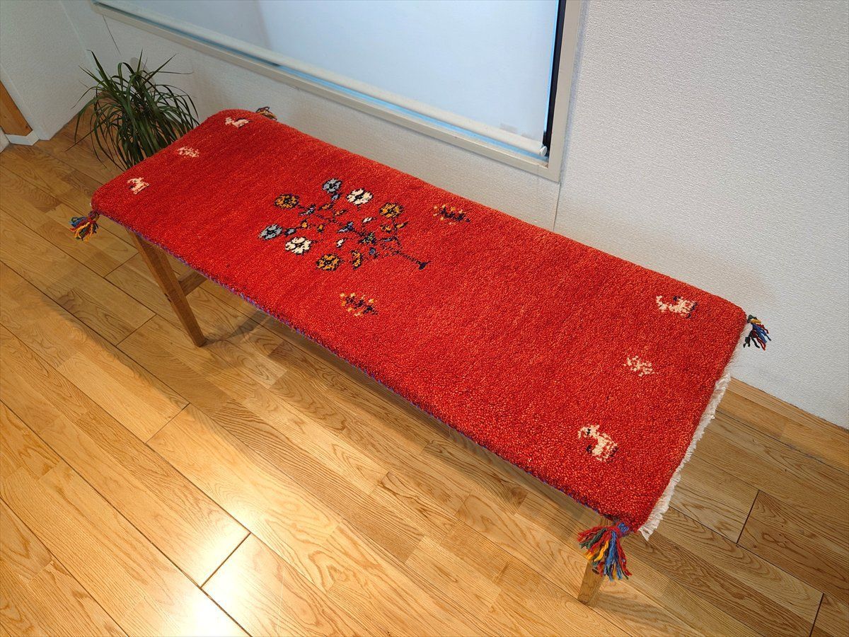 ペルシャ　ギャッベ ミニランナー　ラグ　116x40cm 茜色　花　ヤギ　羊　RJ15180